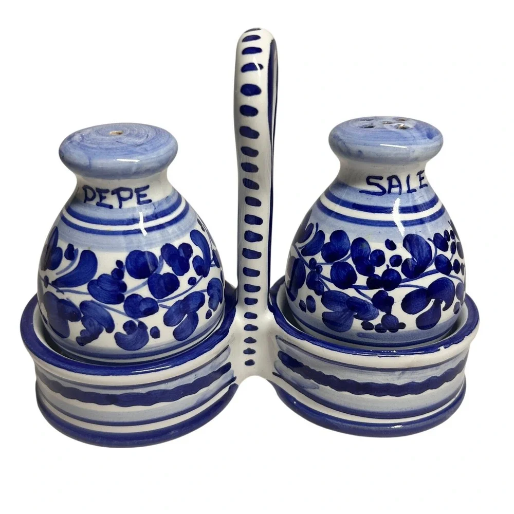 Vtg‎ Deruta Italian Pottery Salt Pepper Shakers w/ Caddy Blue White Majolica